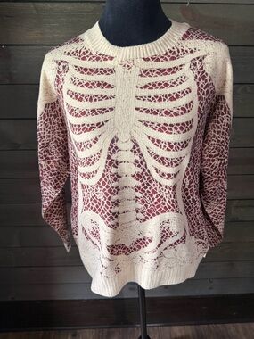 Shall We Cream & Burgundy Women's Skeleton Knit Sweater Large